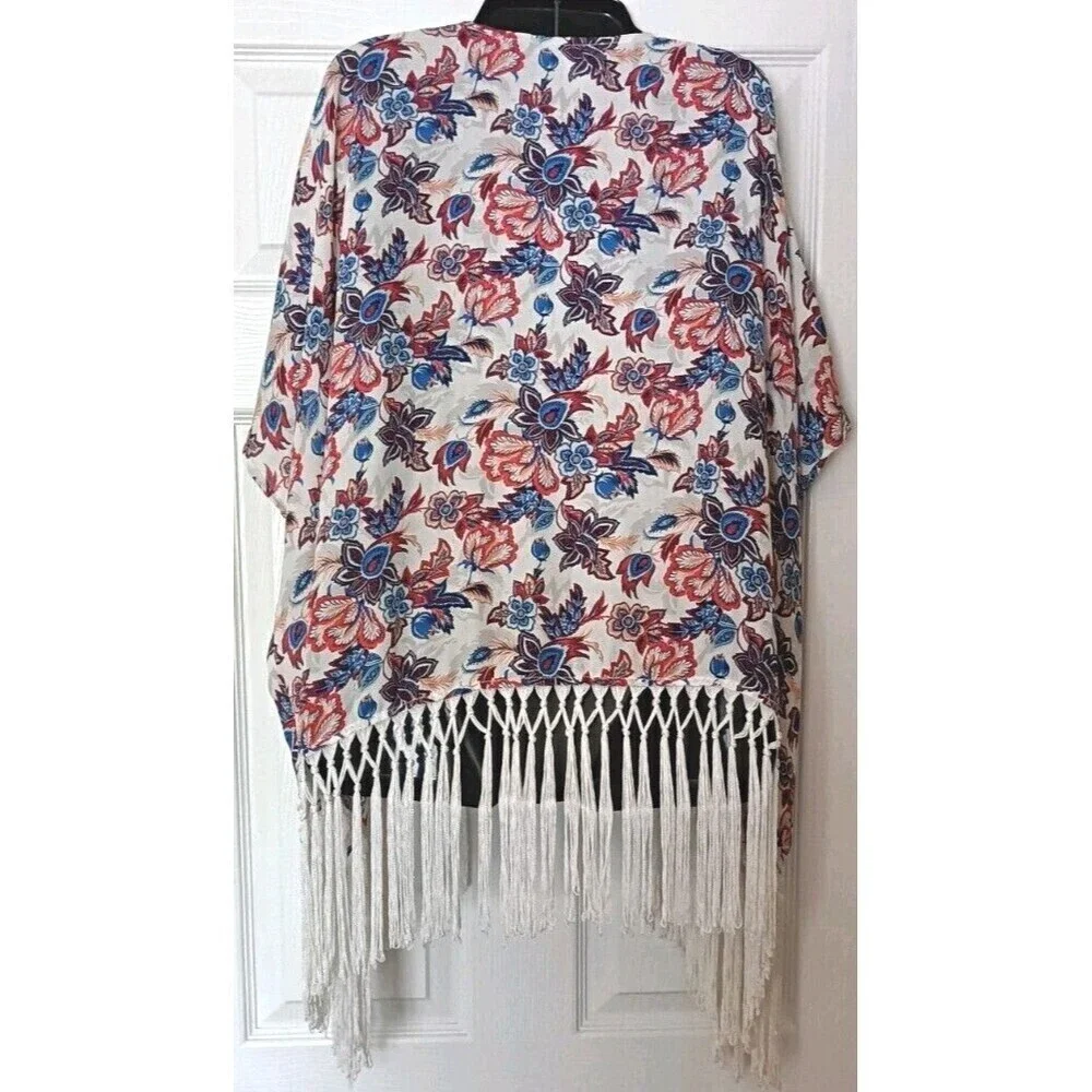 Forever 21 Fringe Kimono Cover Up Size Medium Boho Floral Festival Chiffon